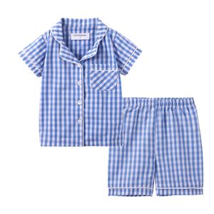Pajamas Mudkingdom Summer Boys Pajamas Set Collared Plaid Short Sleeve and Shorts Jammies Suit Big Girls Sleepwear Pjs Children Clothes 230227