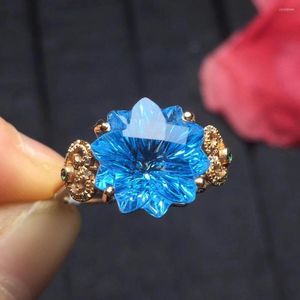 Cluster Rings Topaz Ring Fine Jewelry Real 18 K Rose Gold AU750 Jewellery Natural Blue Gemstone Female For Women