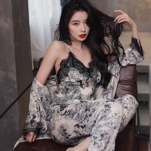 Womens Sleepwear Lisacmvpnel 3 Pcs Suit Women Pajamas Ice Silk Lace Sexy Long Sleeve Pyjamas Print Fashion 230227