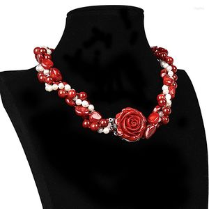 Kedjor Storlek för 7-8 mm röd och vit naturlig koralpearls med roshänge halsband 20 tum smycken gåvor H181