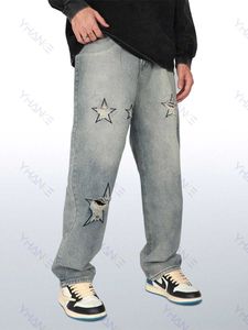 Мужские джинсы звездные вышивка прямой y2k джинсы мужская ретро -стрит -тренд хип -хоп широкие штаны для ног на случайных брюках бренд бренд мужская одежда джинсовая ткань Z0225