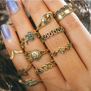 Cluster Rings Bohemian 11st/Set Set Vintage Punk Antique Moon Sun Leaf Flower Carved Knuckle For Women Jewelry Gifts Wholesale