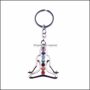 Nyckelringar 12pc/set 7 Chakra Yoga Stone Keychain Mticolor Natural Beads Healing Crystal Chain for Women Reiki Spiritual Sleutelhanger Dhzmq