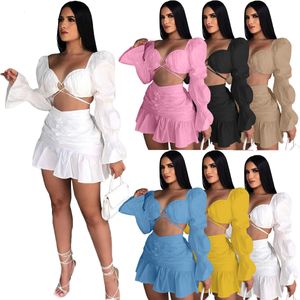 Tvådelad klänning Lantern Sleeve Crop Top och mini kjol kostym 2 -stycken Set Women Dress Matching Outfit High Street Wear Casual Charming Clothing 230228