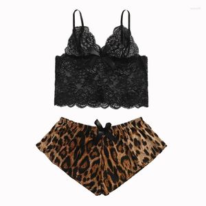 Indumenti da notte da donna Set di biancheria sexy da donna Corsetto in maglia di pizzo Crop Top Leopard Print Bow Knot Slip Boxer Ladies Nightwear Set