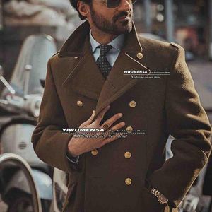 Abiti da uomo Blazer Autunno / Inverno Giacca da uomo Cappotto militare vintage Tweed Misto lana Marrone Veste Homme Cappotto doppio petto O