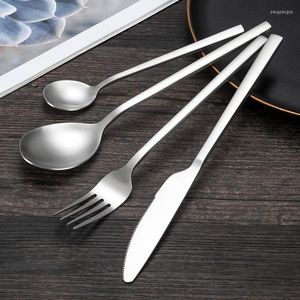 Dinnerware Sets Thickened Stainless Steel Square Handle Cutlery Matte Tableware Table Knife Salad Fork Dessert Spoon Silverware For Kitchen