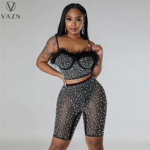 Kvinnor Tvåbitar byxor Vazn Sexig tjejstil Kvinnor Set ärmlös Axellös kort topp elastisk korta byxor dam Pure Color Lady Two Piece Set 230228