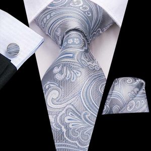 Neck Ties Gray Silver Paisley Silk Wedding Tie For Men Handky Cufflink Gift Mens Necktie Fashion Design Business Party Dropshipping HiTie J230227