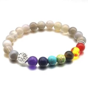 Charm Armbands Tree of Life 8mm Seven Chakras Gray Stone Pärlor Elastic Armband Prayed Handsträngar smycken Drop Delivery Dhimy