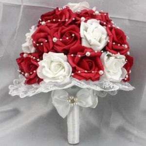 Flores decorativas lindos buquês de casamento vermelhos artificiais buquê de noiva de pérolas buquê de rosas