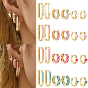 Trendy Colorful Enamel Twist Round Hoop Earrings Set Small Geometric Star Square CZ Zircon Huggies Ear Buckle Jewelry for Women