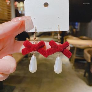 Dangle Earrings 2023 Korean Fashion Women's Lovely Sweet Red Fabric Bowknot Pearl DropEarringエレガントパーティージュエリーアクセサリー