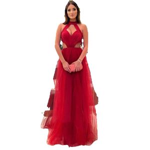 Red Beach Evening Dresses 2023 Halter Cut-Out A-Line Tulle Floor Length Prom Formal Party Gowns Sleeeveless