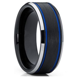 Bröllopsringar 8mm kvinnor Mens Black Blue Tungsten Carbide Ring Band Double Grooved Borsted Finish Comfort Fit Jewelwedding