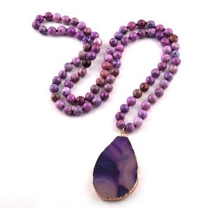 Pendant Necklaces Fashion Semi Precious Stones Long Knotted Stone Agat Drop Women Ethnic Necklace