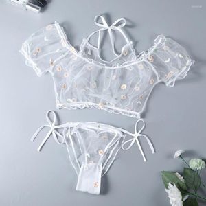 Mulheres femininas Mulheres de renda sexy lingerie floral set lady garotas de manga curta Mesh de malha transparente de calcinha de topo