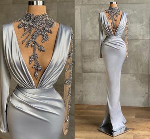 Abendkleider in Übergröße, neues Abschlussball-Partykleid, Meerjungfrau, langärmelig, Perlen-Satin, Illusion, bodenlang, individueller Stehkragen, Trompete, Kristall