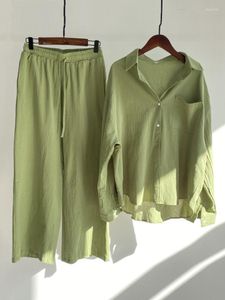 Kadınların Takipleri 2023 Yaz Günlük Pamuk Keten Takımları Kadın Gömlek ve Set Kıyafet Uzun Kollu Ayak Bileği Pantolon Trailtsuit