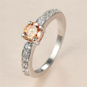 Wedding Rings Dainty Small Round Champagne Zircon Ring Luxury Crystal For Women Jewelry Vintage Fashion Silver Color