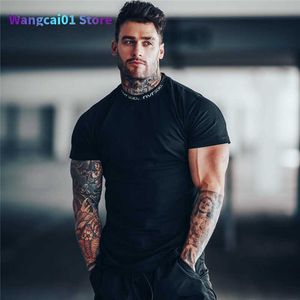 Camisetas masculinas ginásios t-shirt homens curtos seve algodão camiseta casual slim camise