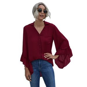 Kvinnors blusar skjortor Autumn Irrgular Ruffles Sleeve Chiffon Work Women Shirt Fashion Button Solid Color Topps Female Loose Live Sar