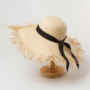 Breda randen hattar fashionabla disketterna raffia hattar kvinnor med band solskydd sol hatt sommar stor brim strand hatt semester present grossist g230227