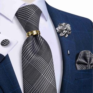 Nackband Houndstooth Black Silver Plaid Mens Ties Wedding Accessories Silk Nathtie Handdukief manschetten Set Tie Ring Brooch Present till män J230227