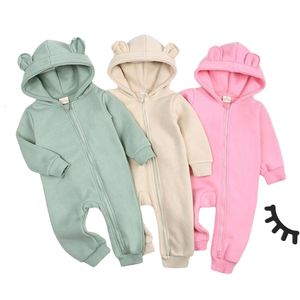 Rompers födda Baby Boys Girls Jumpsuit Plush Thicking Warm Cotton Long Sleeve Hooded Autumn Winter Baby Clothes Baby Girls Jumpsuit 230228