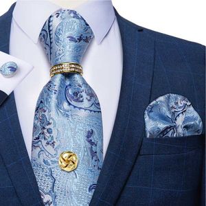 Neck Ties Luxury Designer Blue Paisley Silk Ties Gifts For Men Gold Metal Tie Tack With Chain Tie Ring Dropshipping DiBanGu J230227