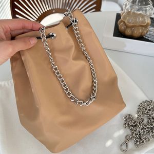 Drawstring Bucket Bag Chains Handbag Purse Nylon Totes Bag Shoulder Women Back Wallet Detachable Chain Plain Triangle Hardware Large Capacity String Pocket