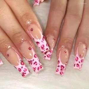 Unghie finte 24 pezzi Leopardo rosa finto con ballerina di strass Lunga bara Indossabile Copertura completa Pressa su unghia per manicure