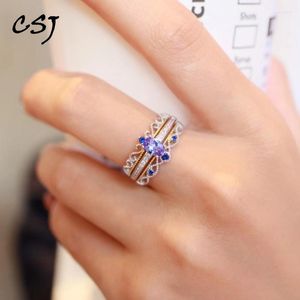 Cluster Rings CSJ Natural Tanzanite Sterling 925 Silver Gemstone 4 6mm Sapphire For Women Birthday Christmas&Black Friday Gift