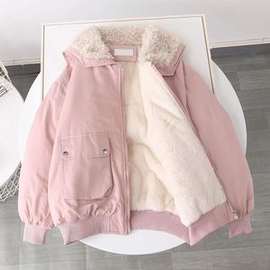 Women's Wool Blends Women's Wool Blends QNPQYX Autumn Winter Parkas Thick Warm Plush Jacket Women Lamb Turndown Collar Fleece Coat Pink Sweet Loose Parka Woman 230227