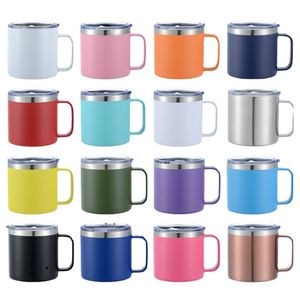 14oz kaffemugg med handtag isolerat rostfritt stål Återanvändbart dubbelvägg Vakuum Öl Travel Cup Tumbler Pulver belagd med glidade tätningslock