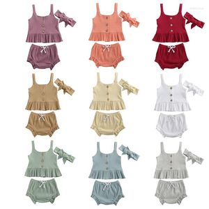 Clothing Sets 9Colors 0-24M Toddler Baby Girl Summer Set Sleeveless Solid Cotton Vest Top Shorts Headband 3Pcs Cute Outfit