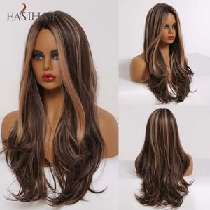 Synthetic Wigs Easihair Long Brown Highlight Synthetic Wigs for Women Natural Hair Wavy Ombre Female Heat Resistant Cosplay 230227