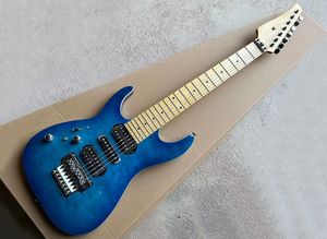 Mão esquerda 7 cordas guitarra elétrica azul com floyd rosa, bordo do braço