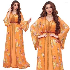 Etniska kläder muslimska modeklänning Mellanöstern kvinnor 2 stycke arab dubai chiffon tryck bronsande mantel abaya marockansk kaftan arabisk 2023