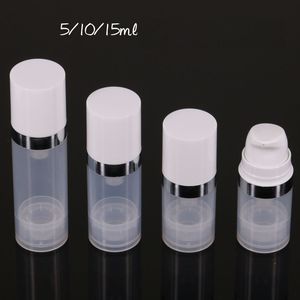 100 Stück 5 ml 10 ml 15 ml Airless-Flaschen, klare Vakuumpumpe, Lotion, leere Flasche mit silberner Ringabdeckung, kosmetische Verpackung, Fläschchen, Behälter