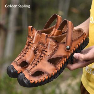 Slippers Golden Sapling Leisure Men's Sandals Fashion Outdoor Casual Shoes Men Genuine Leather Beach Sandals Classics Trekking Footwear Y2302