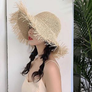 Wide Brim Hats Natural Tassel Straw Sun Hat Women Summer Large Straw Hat Wide Brim Floppy Beach Hat Hand Weave Fashion Panama Cap G230227