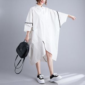 Damen-Kleider, Frühling und Herbst, modisch, weiß bedruckt, asymmetrisches Midi-Kleid, Damen, lässig, niedlich, lange Hemdkleider, halbe Ärmel, große Größe, Vestidos, lose einreihige Oberteile