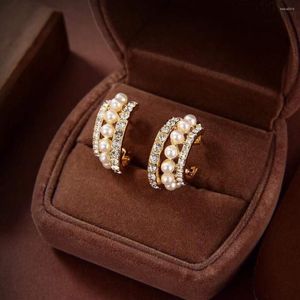 Studörhängen Classic White Zircon Freshwater Pearl Hoop Earring Women Gold Plated Square Diamond Geometric Wedding Jewelry