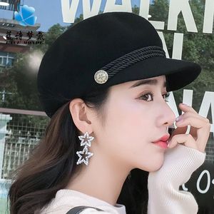 Stingy Brim Hats 2023 Flat Cap Female Korean Version Joker Wool Fedora Tide Star Anise Hat British Fashion Beret Painter Winter