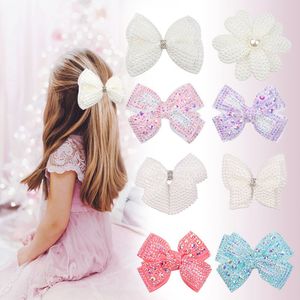 8.9cm Pearl Hair Bows With Ribbon Hair Clips For Girls Kids Boutique Layers Bling Rhinestone Center Bows Hairpins Hair Accessories 1765