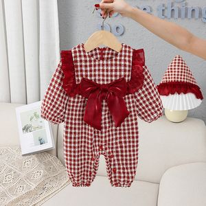 Jumpsuits born Baby Winter Warm Plaid Rompers Jumpsuit Infant Baby Girls Thicken Clothes Outwear with Big Bow 0-2Y 230228