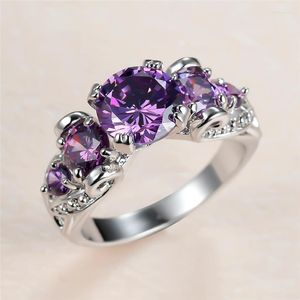 Wedding Rings Purple Round Zircon Ring Charming Crystal Stone For Women Birthstone Jewelry Vintage Fashion Silver Color