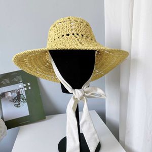 Wide Brim Hats Japanese Hand-made Crocheted Hollow Straw Hat Summer Sunscreen Sun Hat Cotton Linen Lined Pastoral Style Women Ribbon Straw Hat G230227