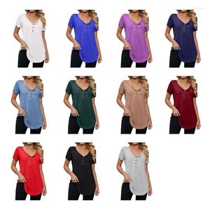 Damen-T-Shirts, Sommer, einfarbig, lässig, locker, T-Shirt, kurzärmelig, geteiltes Revers, V-Ausschnitt, Knopfleiste, plissierte, fließende Blusen, Tunika-Oberteil